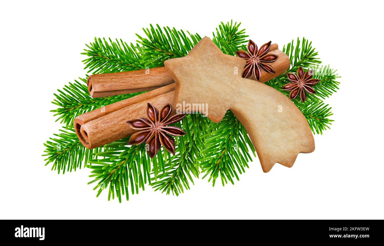 Biscotto di Natale con cannella, rami di abete e anice isolato su sfondo bianco Foto Stock