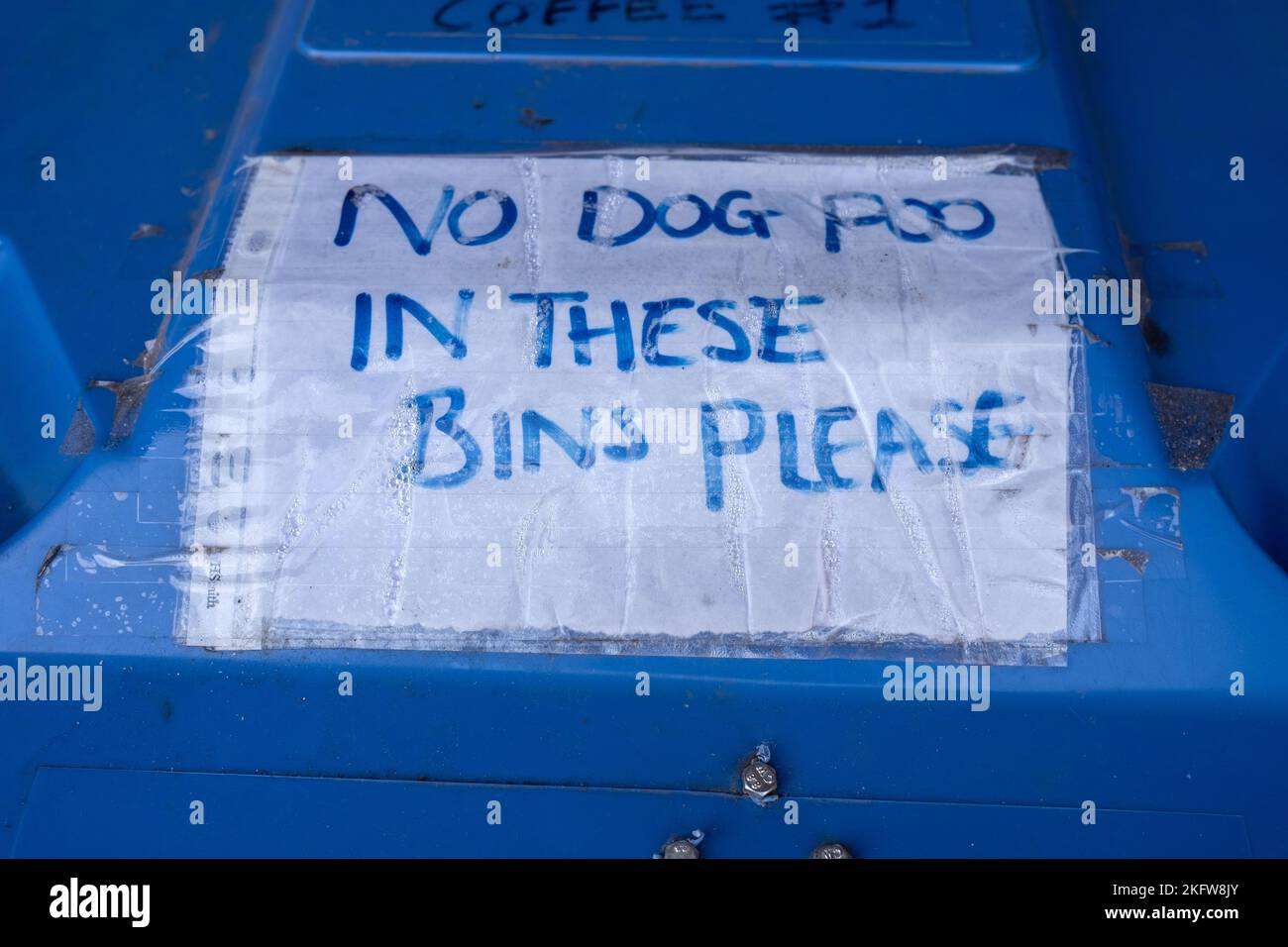 Cartello "No Dog Poo" scritto a mano sul Cafe Waste Bin a Penarth, Galles del Sud Foto Stock