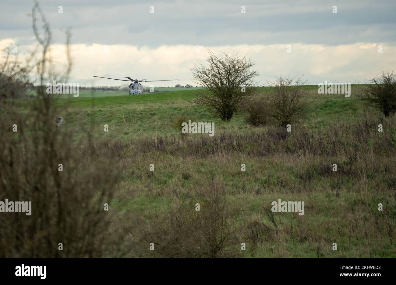 Esercito britannico AgustaWestland AW159 Wildcat AH1 elicottero volo basso su campagna aperta Foto Stock