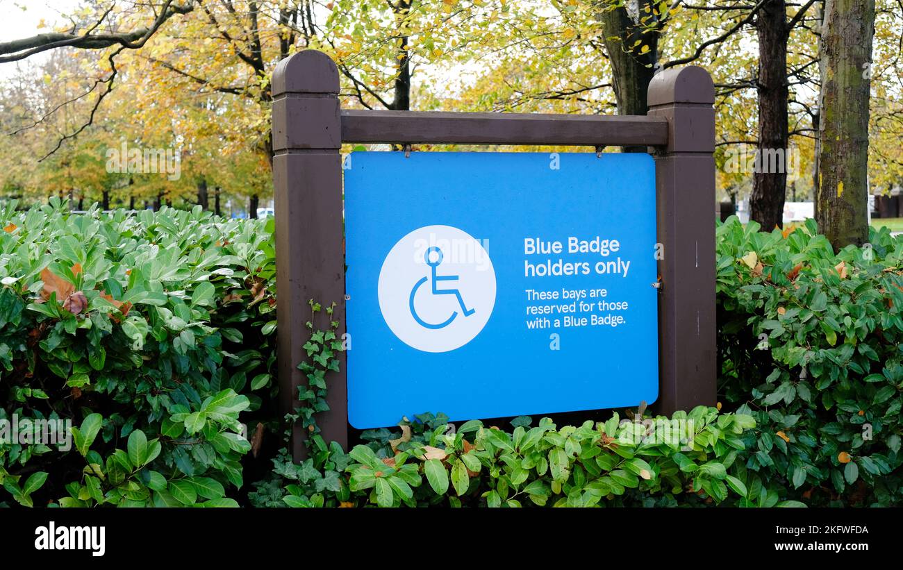 Cartello di parcheggio con solo porta badge blu - John Gollop Foto Stock