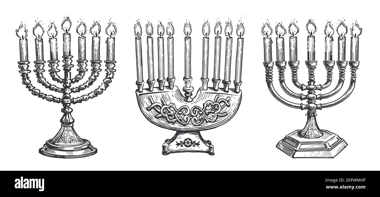 Menorah ebraica con candele brucianti schizzo. Simbolo religioso dell'ebraismo. Illustrazione vettoriale vintage Illustrazione Vettoriale
