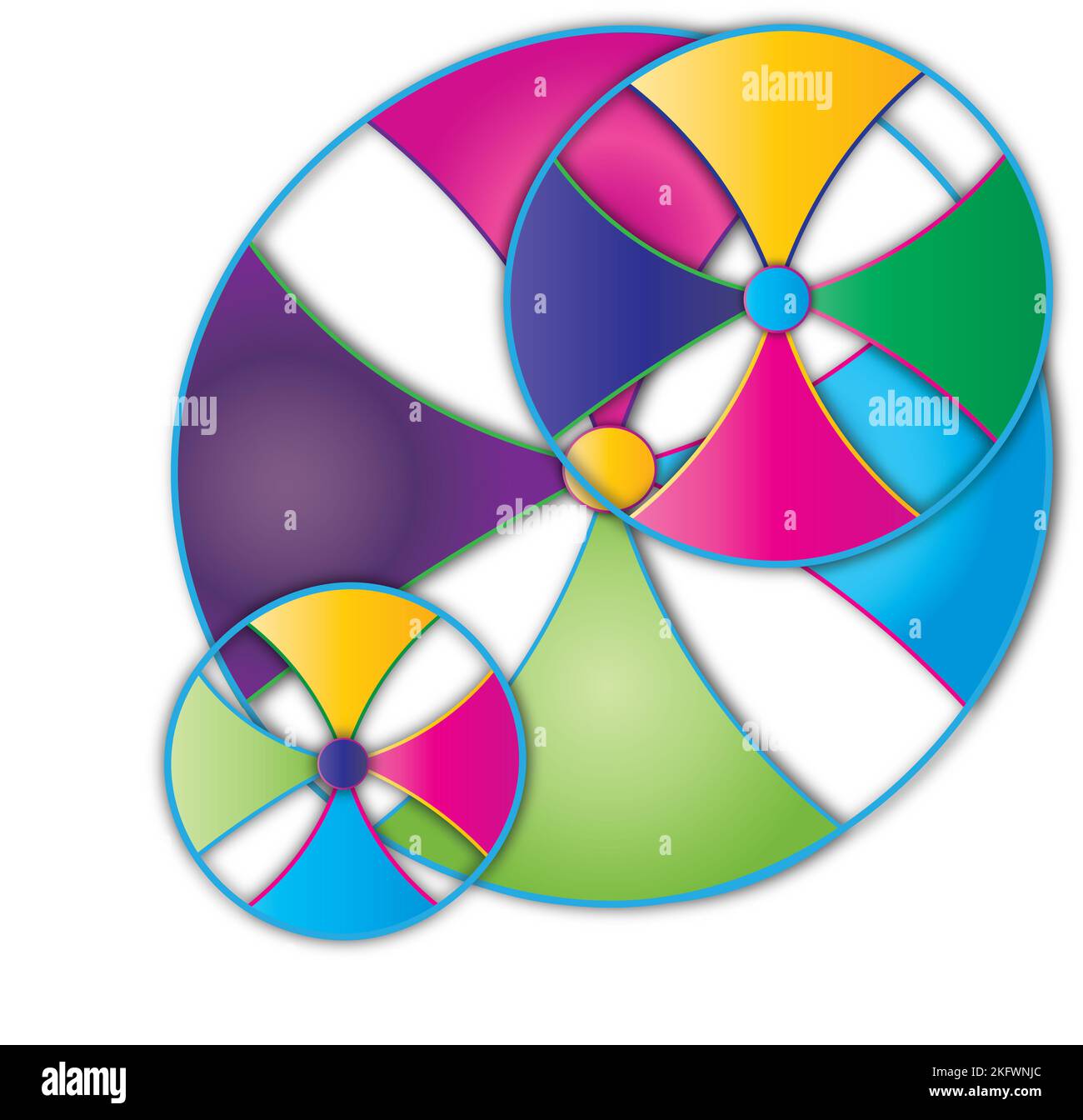 Illustrazione delle ruote rotanti sovrapposte isolate su sfondo bianco. Foto Stock