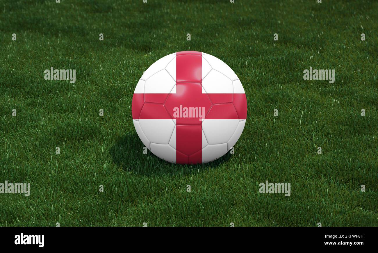 Pallone da calcio con i colori della bandiera inglese in uno stadio su sfondo verde erba. Illustrazione 3D. Foto Stock