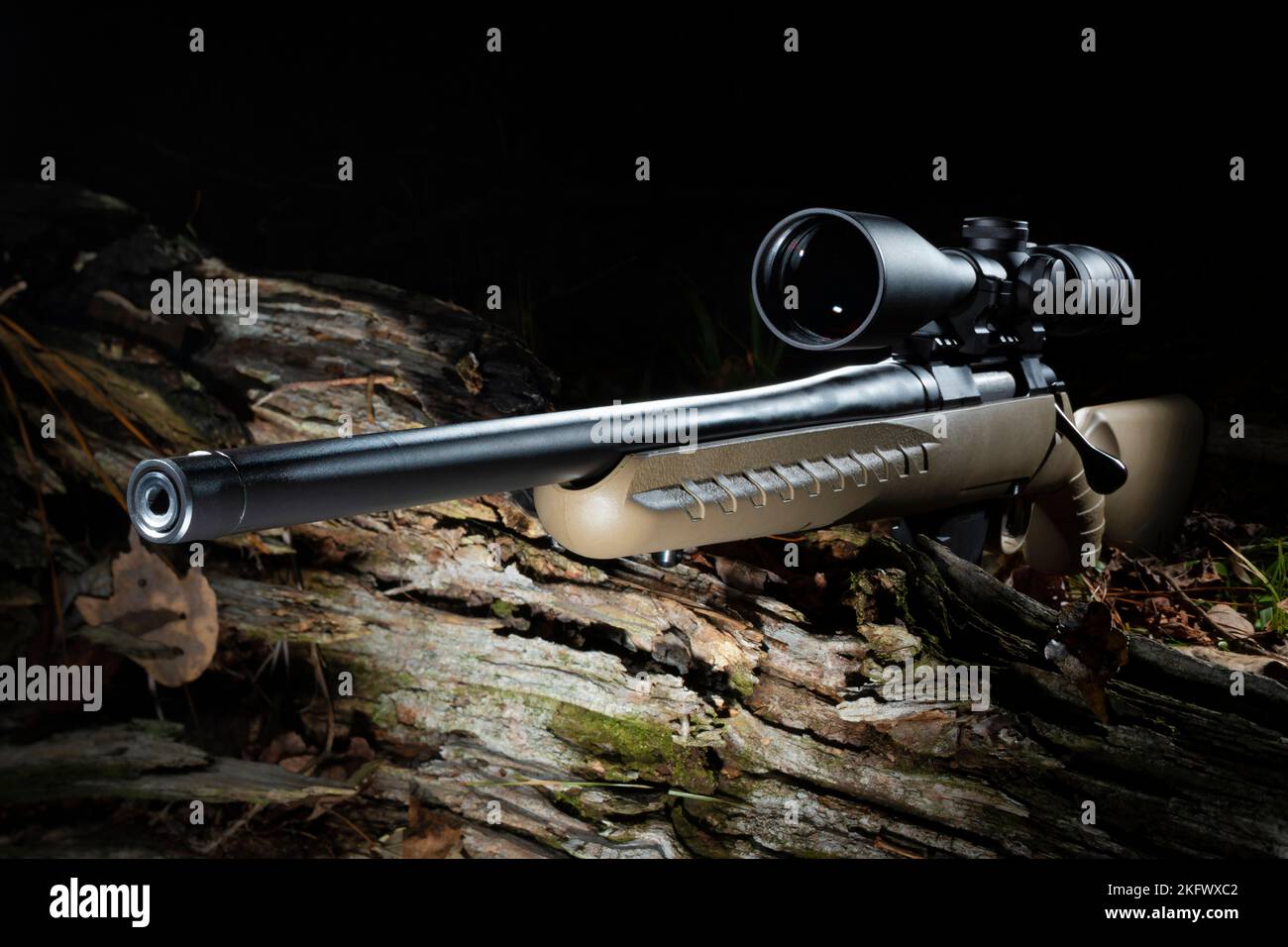Ottica ad alta potenza su un fucile da caccia Bolt Action in una foresta scura Foto Stock