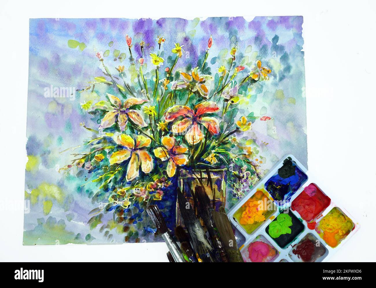 Texture colorato astratto olio pittura sfondo fiore , fornitura d'arte , palette , pennello , mix tavolozza , Attrezzature per la verniciatura Foto Stock