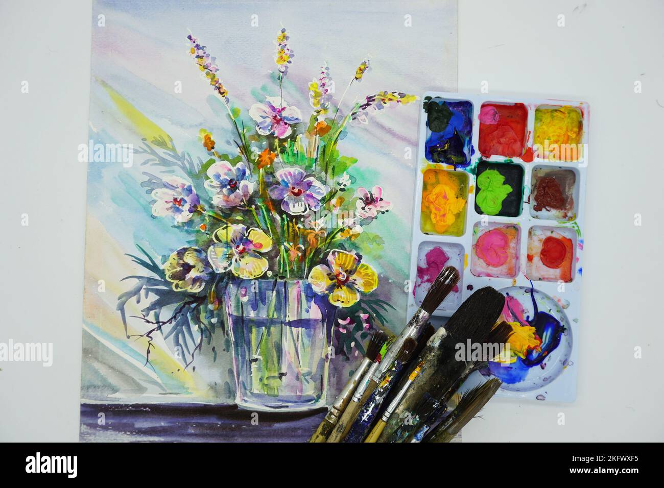 Texture colorato astratto olio pittura sfondo fiore , fornitura d'arte , palette , pennello , mix tavolozza , Attrezzature per la verniciatura Foto Stock