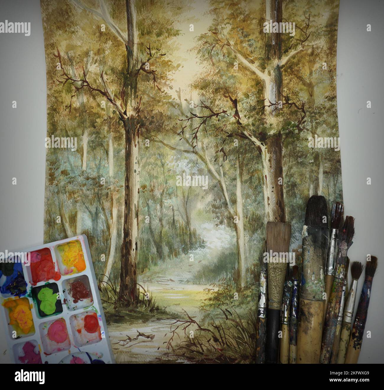 colorato dipinto ad acquerello, sfondo della foresta, accademia d'arte Foto Stock