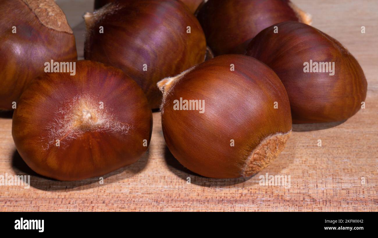 Castagne fresche dell'albero su un tavolo di legno Foto Stock