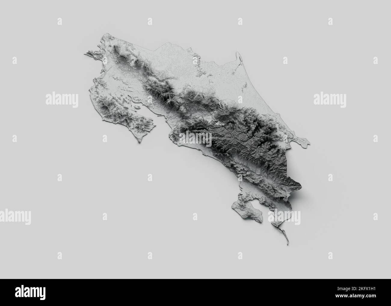 Un'illustrazione 3D della mappa del Costa Rica con rilievo ombreggiato su sfondo bianco Foto Stock