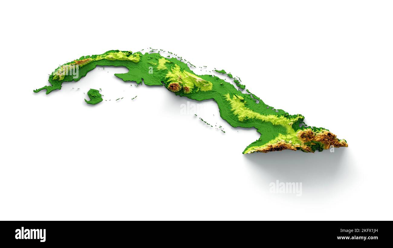 Un'illustrazione 3D della mappa di Cuba con rilievo ombreggiato su sfondo bianco Foto Stock