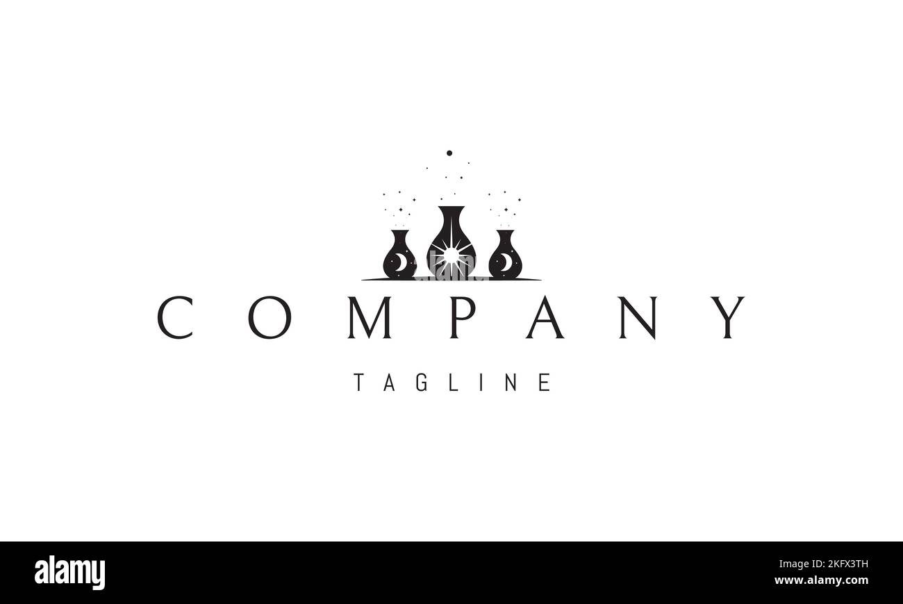 Logo vettoriale su cui un'immagine astratta di tre brocche di argilla con la luna e il sole. Illustrazione Vettoriale