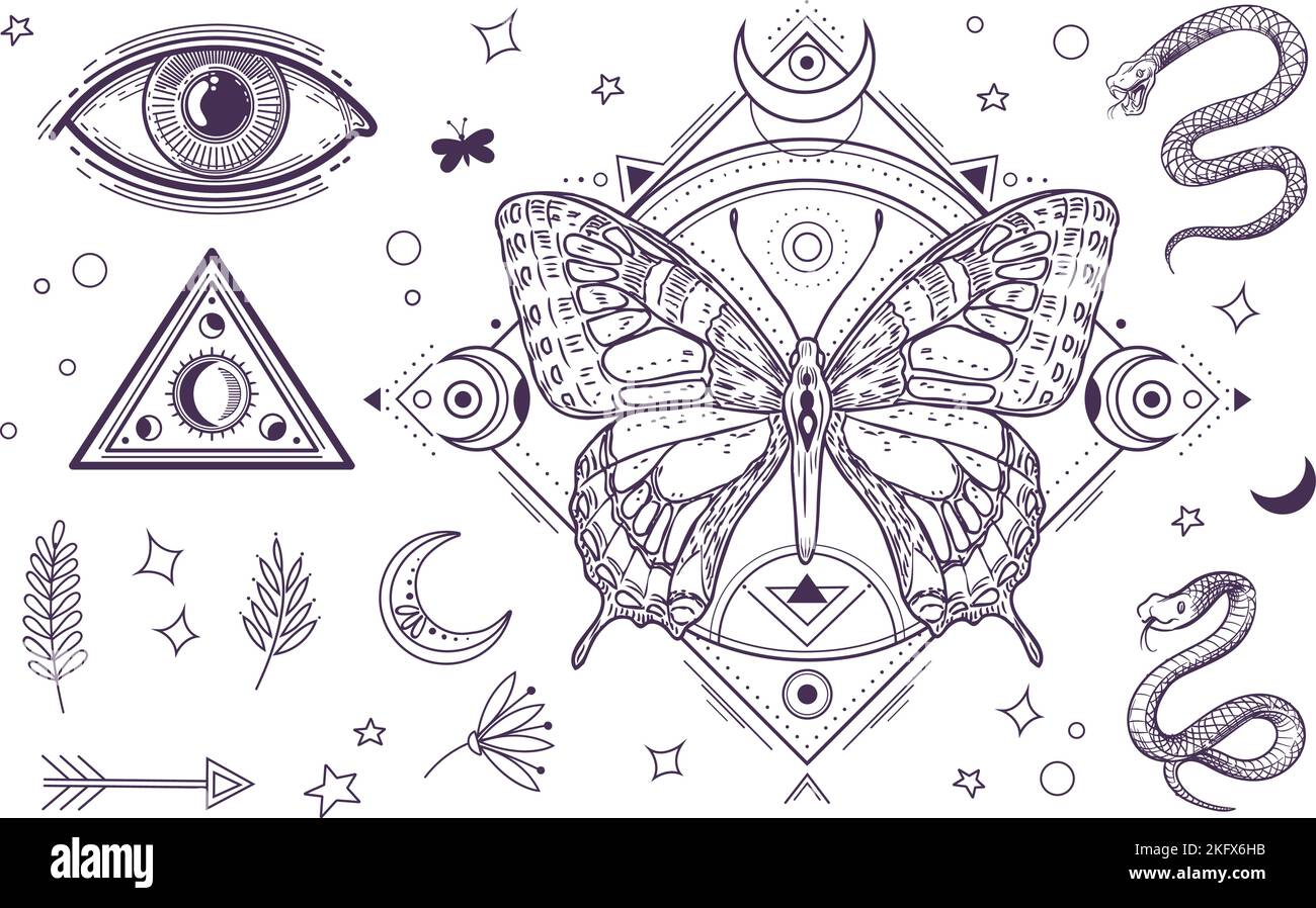 Elementi magici mistici. Disegno grafico tatuaggio, occhio magico e triangolo, serpenti e luna. Linea vettore boho collezione stile Illustrazione Vettoriale