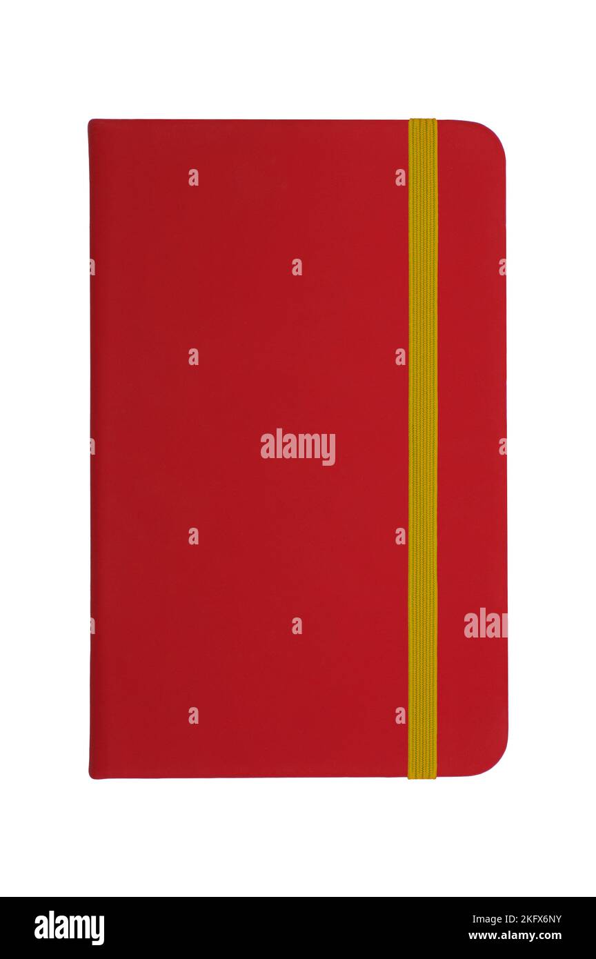 Notebook rosso con fascia elastica gialla Foto Stock