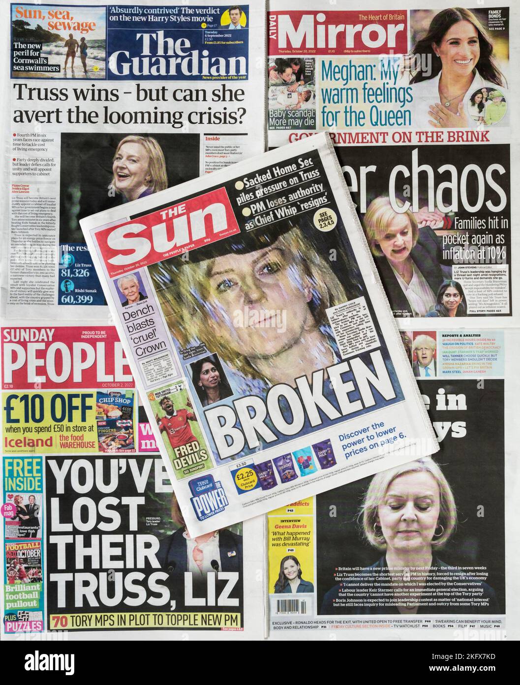 La caduta di Liz Truss come primo ministro britannico più breve nella storia registrata nei titoli dei giornali britannici dal 6 settembre al 21 ottobre 2022. Foto Stock
