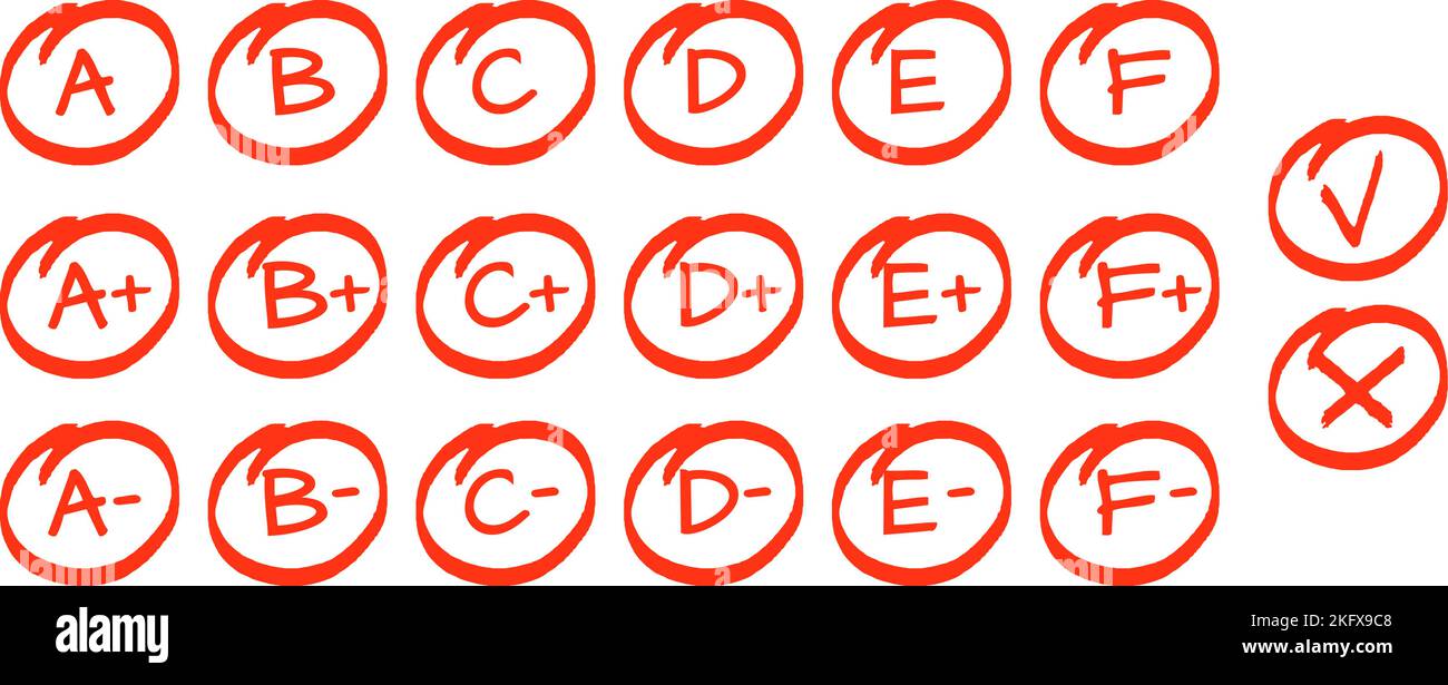 Set di risultati dell'esame, lettere A F disegnate a mano in cerchi e segni do e DONT. Scuola di formazione grafica, rosso grado da perfetto a non buono, schizzo vettoriale Illustrazione Vettoriale