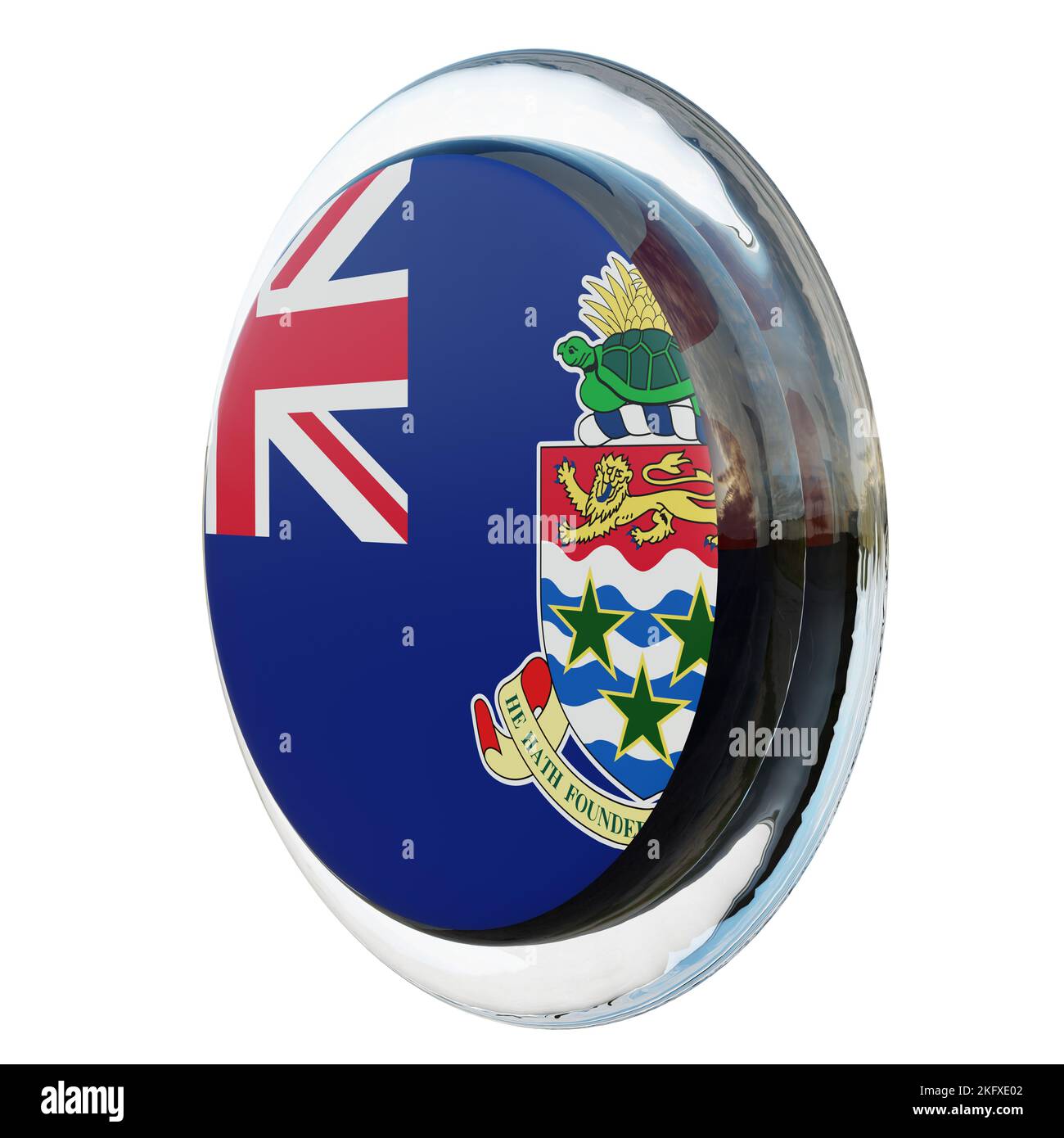 Rappresentazione digitale di una spilla rotonda con motivo a bandiera di Cayman Island su sfondo bianco Foto Stock