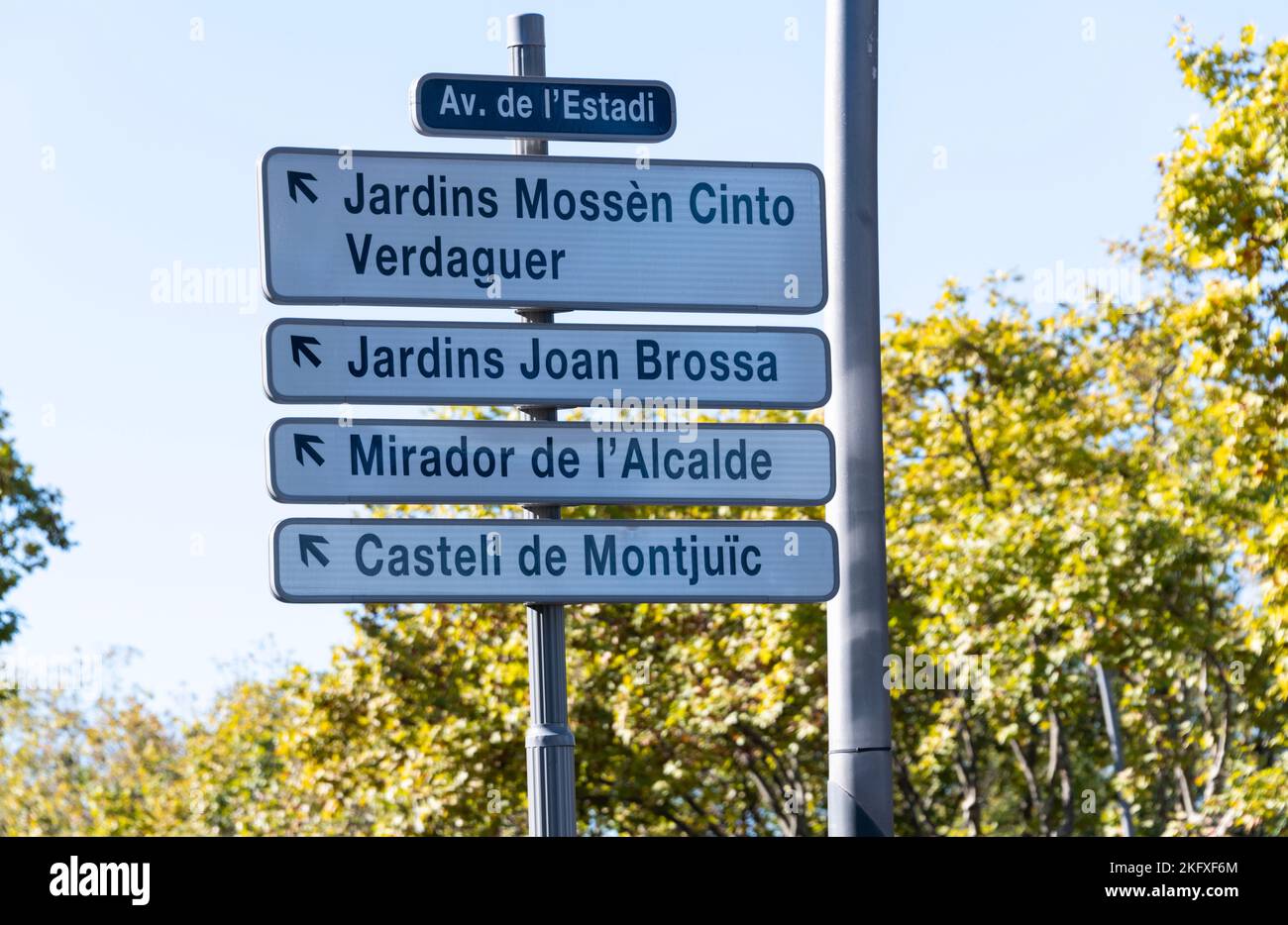 Cartello e indicazioni in spagnolo per le attrazioni turistiche di Barcellona, Spagna Foto Stock