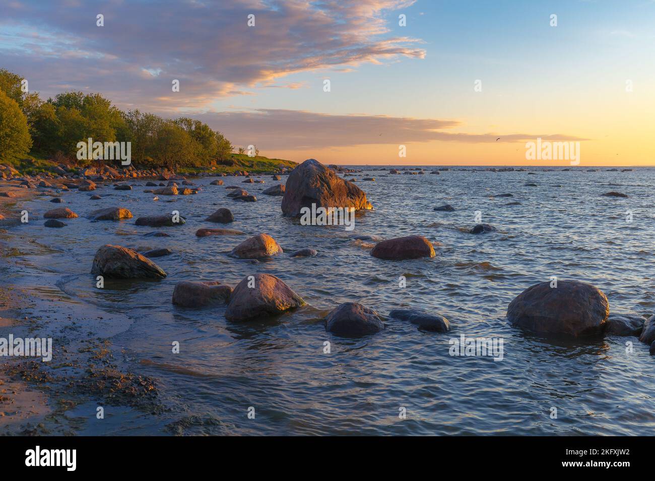 Riva rocciosa con pietre che affondano nell'acqua di mare. Tramonto, luce arancione, Estonia. Foto Stock