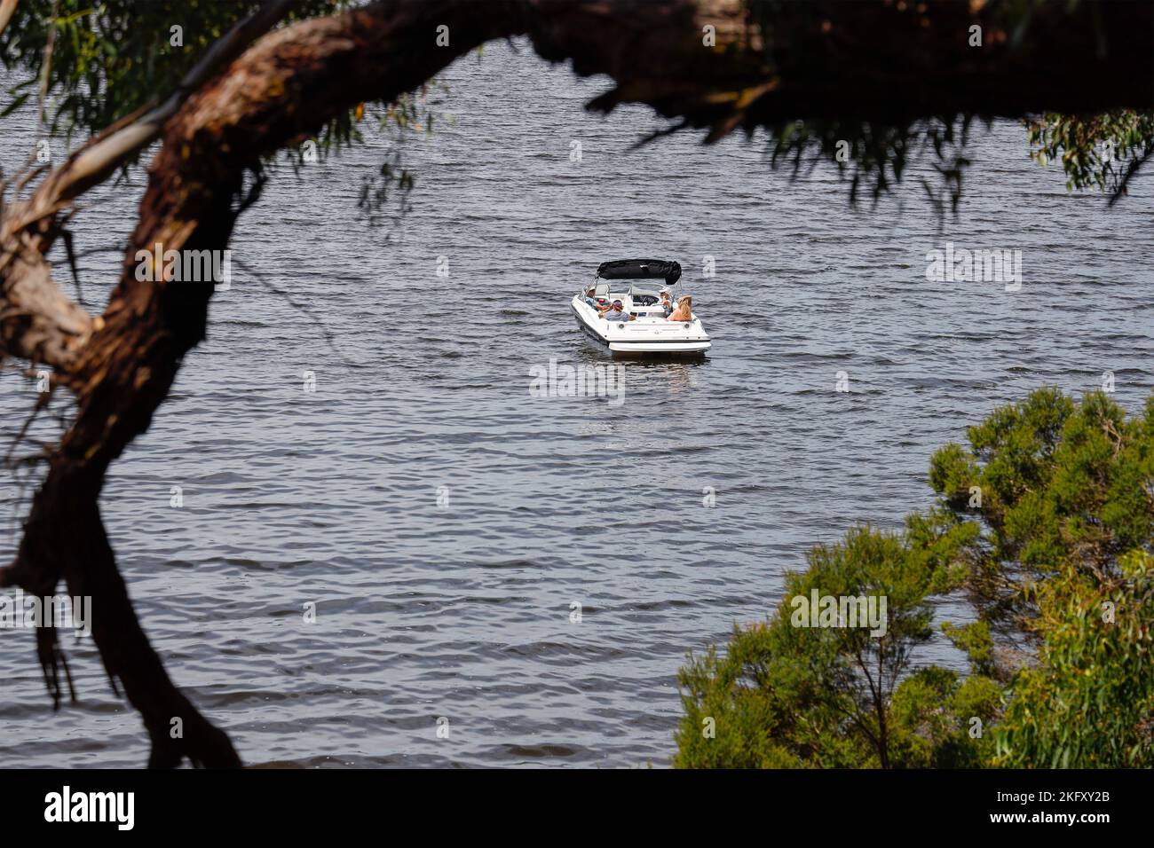Piccolo gruppo di persone che si rilassano in una barca, Paynesville, Victoria, Australia Foto Stock