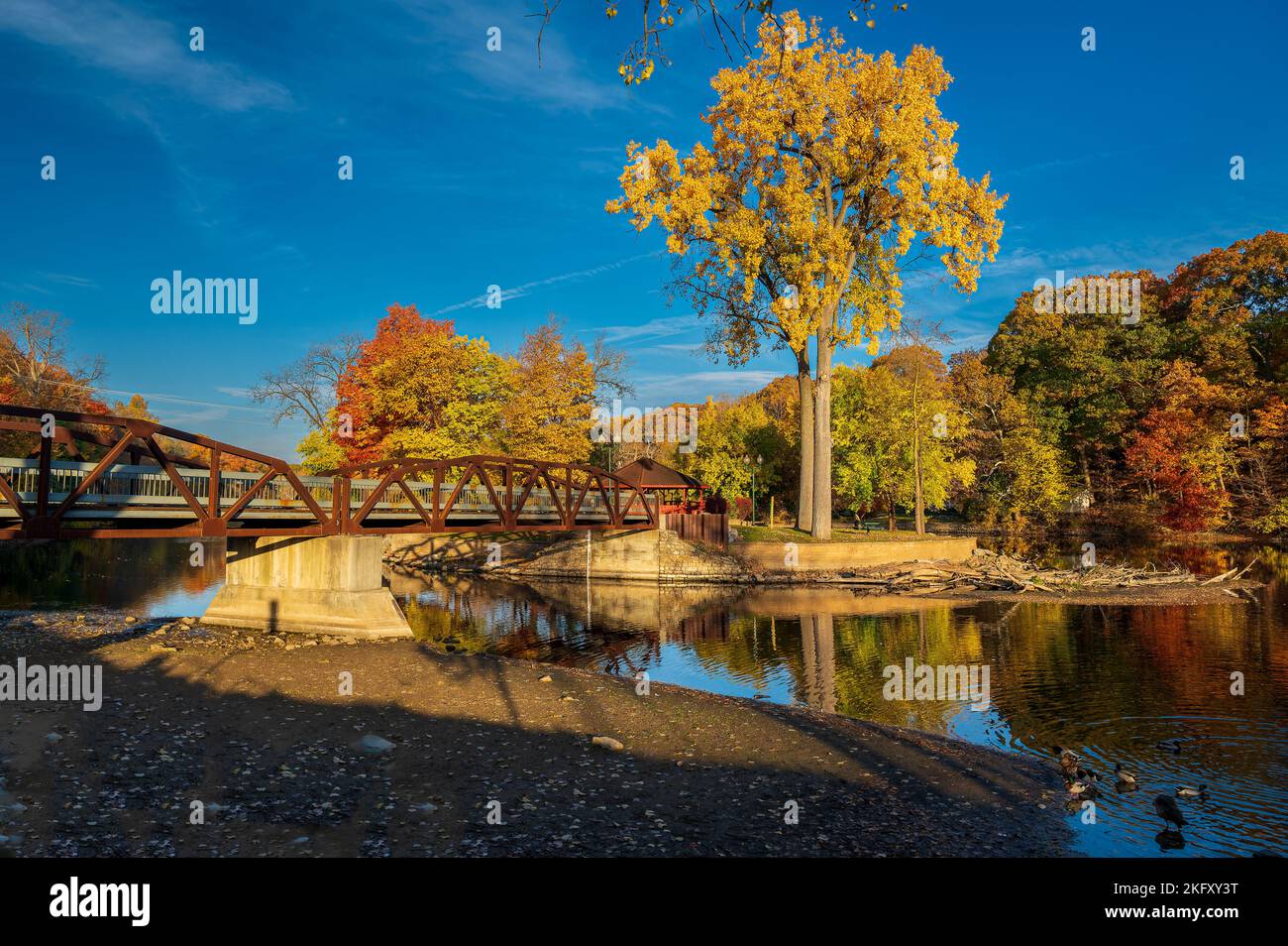 Vivaci colori autunnali che circondano il ponte in Island Park Grand Ledge, MI Foto Stock