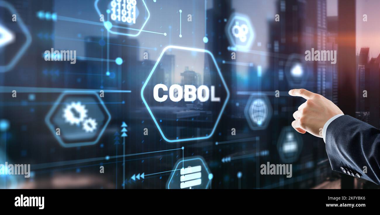 COBOL. Linguaggio orientato alle aziende comune. Linguaggio di programmazione per computer progettato per l'uso aziendale Foto Stock