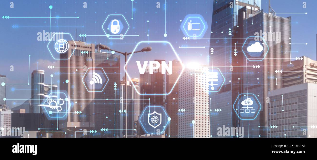 Concetto di crittografia della privacy di Internet per la protezione della rete VPN. Sfondo della città Foto Stock