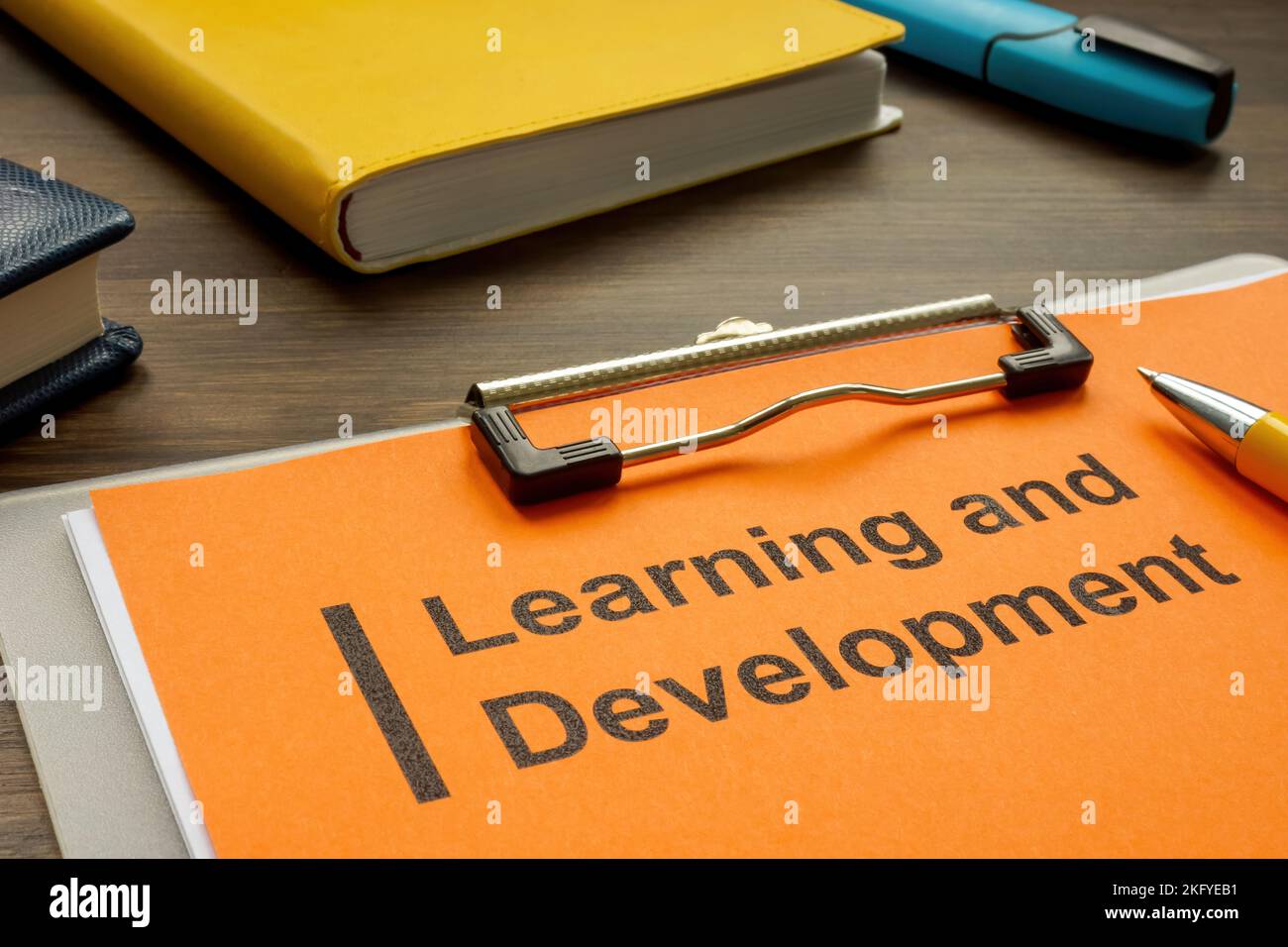 Appunti con piano di sviluppo e apprendimento sulla scrivania. Foto Stock