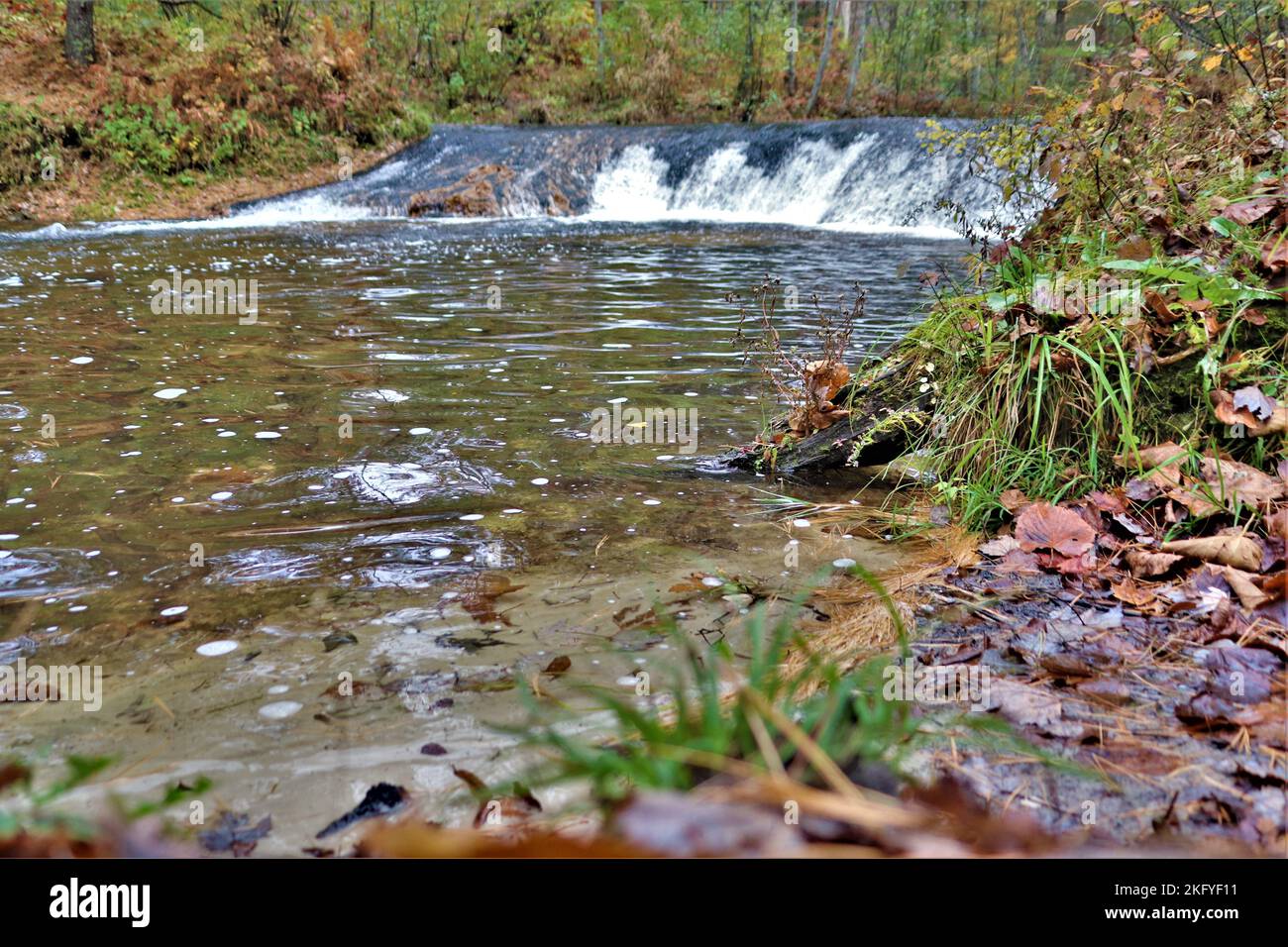 Una scena autunnale di Trout Falls sul fiume la Crosse nella Pine View Recreation Area è mostrata il 14 ottobre 2022, a Fort McCoy, Wisconsin. L'area ricreativa comprende ettari di terreno accessibile al pubblico con sentieri per escursioni, Pine View Campground, Whitetail Ridge Ski Area e Sportsman's Range. La Pine View Recreation Area offre attività durante tutto l'anno, che includono campeggio, escursioni, pesca e molto altro. Ulteriori informazioni sull'area sono disponibili all'indirizzo https://mccoy.armymwr.com/categories/outdoor-recreation. Nel 2022, l'area ricreativa ha celebrato 50 anni di utilizzo e l'area è gestita dalla direzione di Fort McCoy di Foto Stock