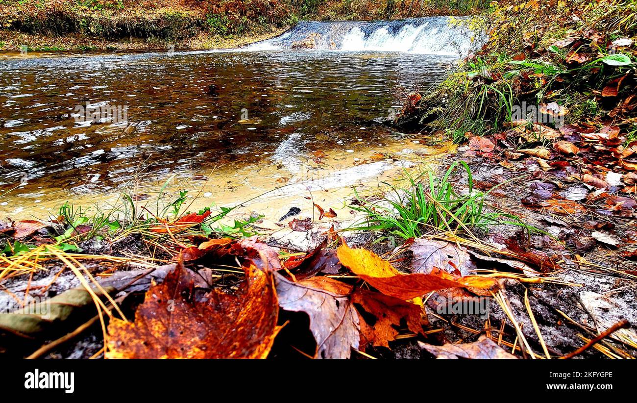 Una scena autunnale di Trout Falls sul fiume la Crosse nella Pine View Recreation Area è mostrata il 14 ottobre 2022, a Fort McCoy, Wisconsin. L'area ricreativa comprende ettari di terreno accessibile al pubblico con sentieri per escursioni, Pine View Campground, Whitetail Ridge Ski Area e Sportsman's Range. La Pine View Recreation Area offre attività durante tutto l'anno, che includono campeggio, escursioni, pesca e molto altro. Ulteriori informazioni sull'area sono disponibili all'indirizzo https://mccoy.armymwr.com/categories/outdoor-recreation. Nel 2022, l'area ricreativa ha celebrato 50 anni di utilizzo e l'area è gestita dalla direzione di Fort McCoy di Foto Stock