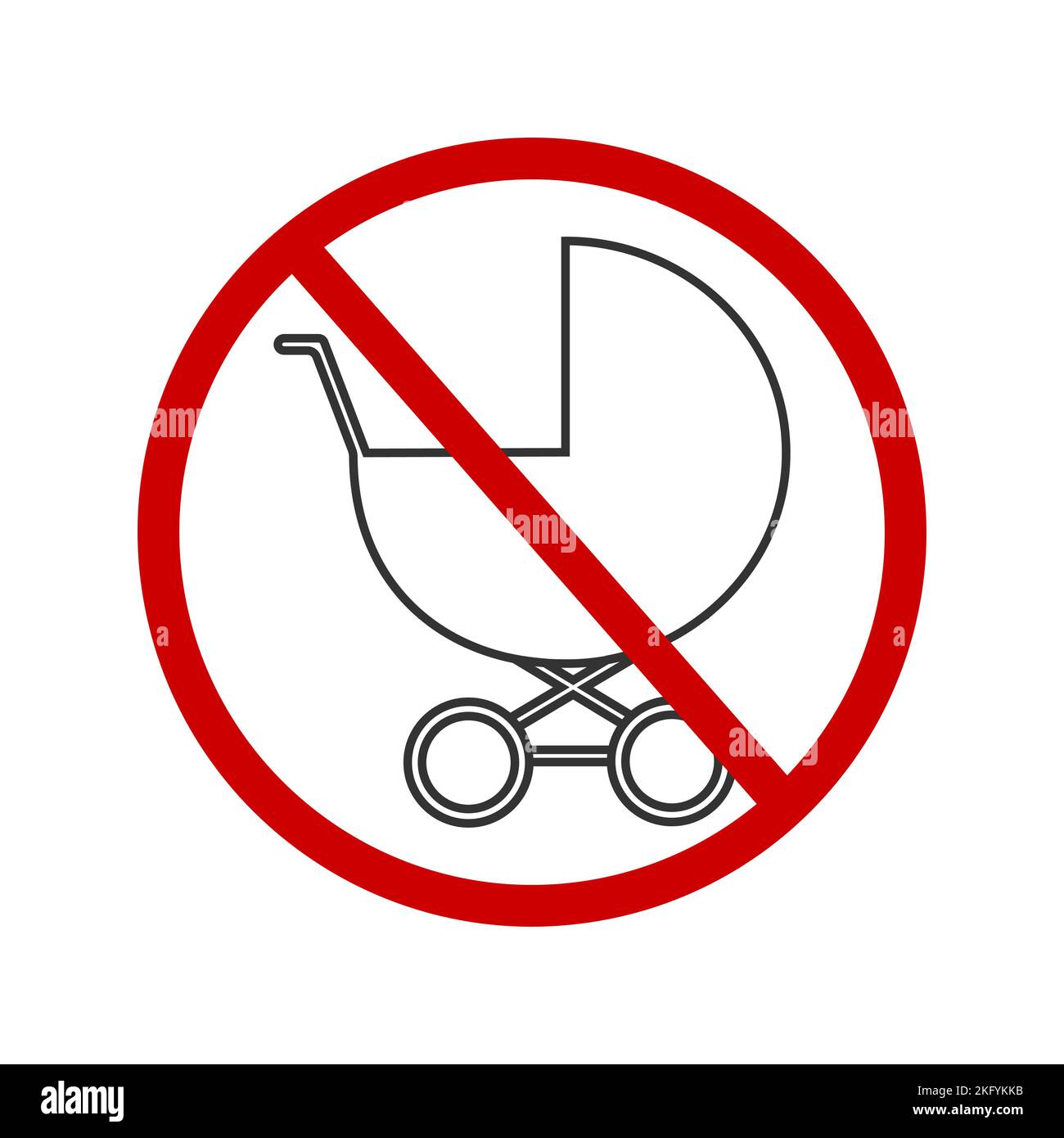 Icona No baby prams. Adesivo zona vietata ai bambini per i luoghi pubblici. Pittogramma del carrello attraversato da un cartello rosso di divieto. Illustrazione grafica vettoriale. Illustrazione Vettoriale