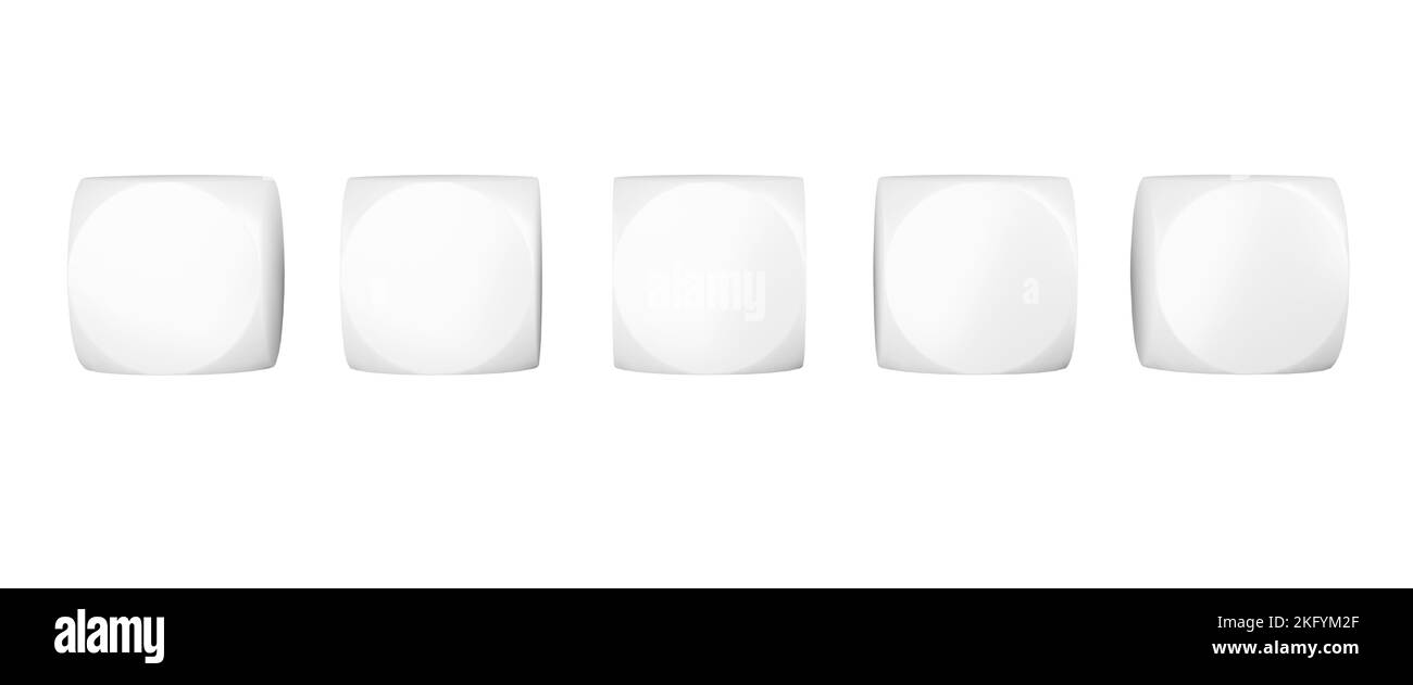 Piastrelle bianche in plastica su sfondo bianco, rendering 3D. Cubi di lettere senza segno, mock-up per abbreviazioni e segni Foto Stock