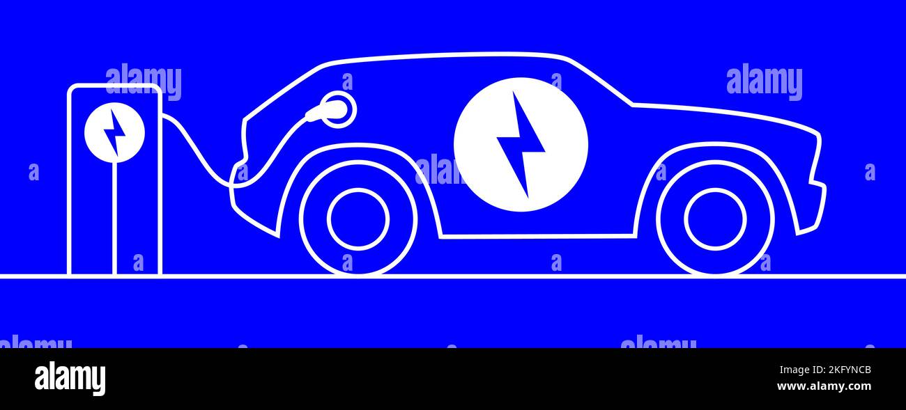 Ricarica di auto SUV elettrica sulla stazione, illustrazione vettoriale. Veicolo EV ibrido con icona di tensione, rifornimento della batteria. Illustrazione Vettoriale