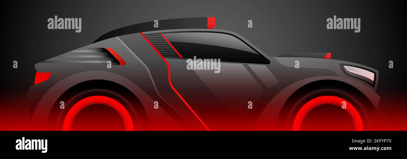 Auto sportiva da rally estremo nei colori nero e rosso su sfondo nero. Auto aggressiva, disegno vettoriale del veicolo fuoristrada safari. Illustrazione Vettoriale