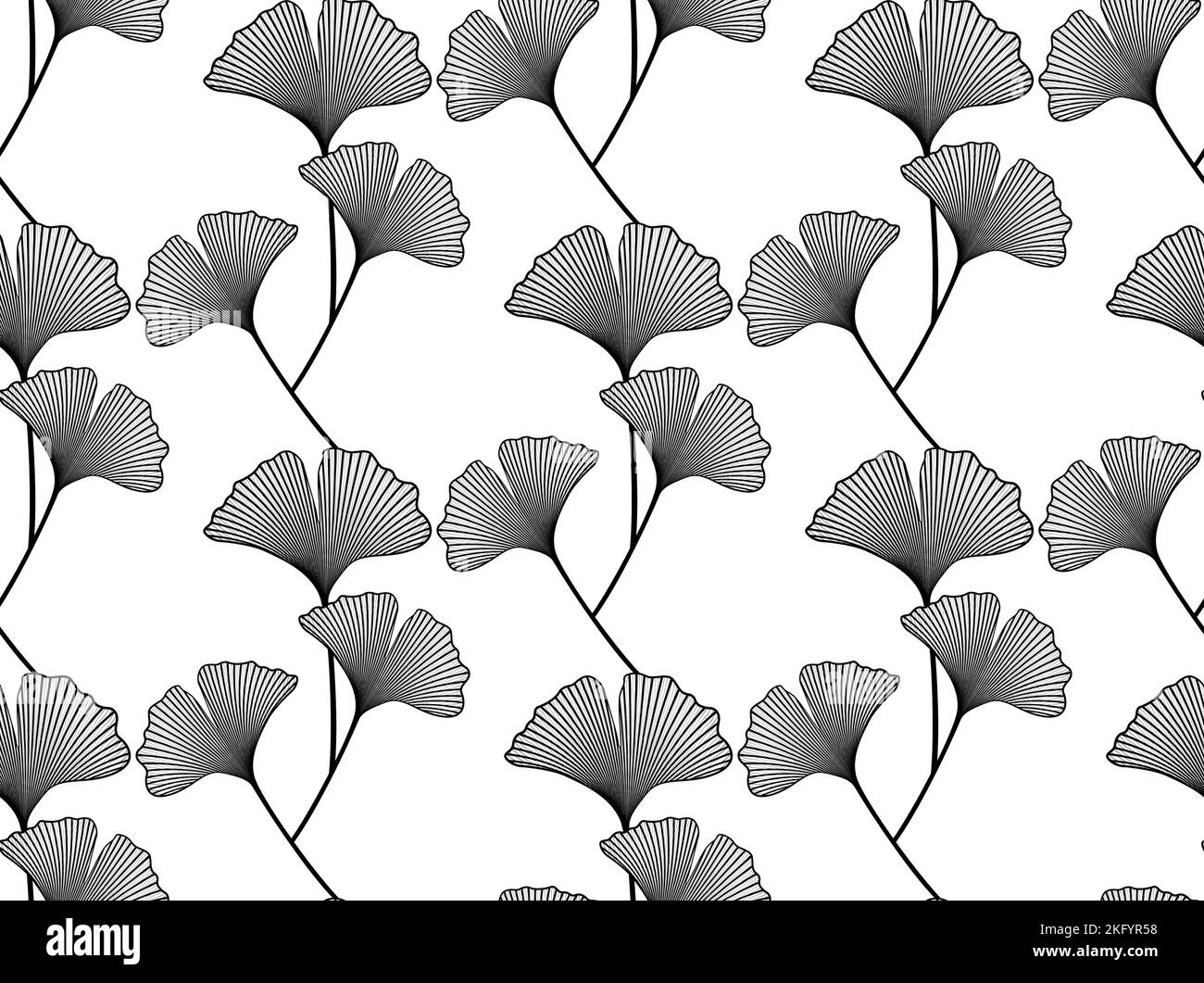 Motivo senza cuciture con foglie di Ginkgo biloba disegnate a mano. Disegno a inchiostro, stile grafico, modello logo, illustrazione vettoriale sfondo floreale botanico Illustrazione Vettoriale