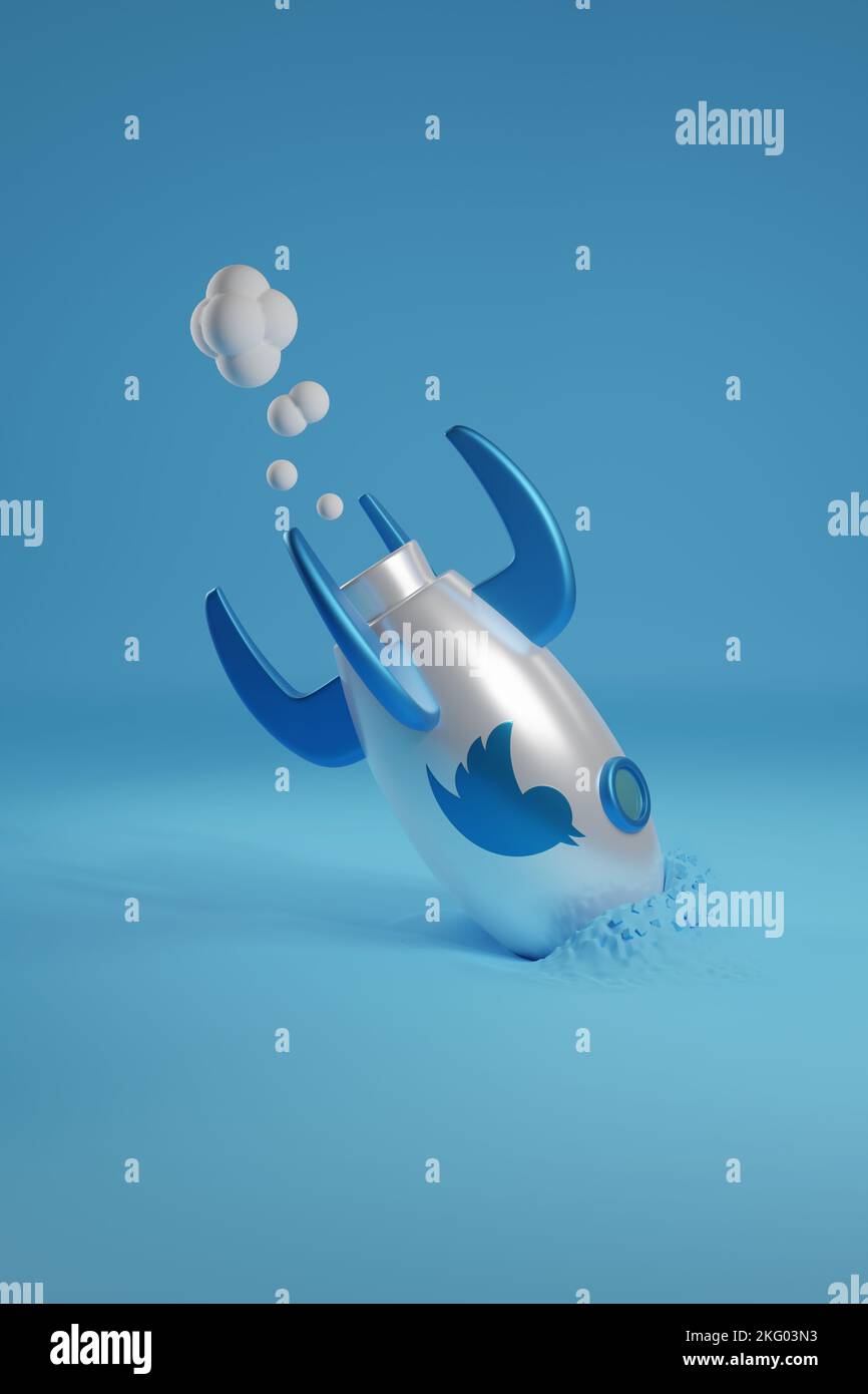 Buenos Aires, Argentina - Novembre 20th: Schiantato astronave con il logo Twitter. illustrazione 3d. Foto Stock