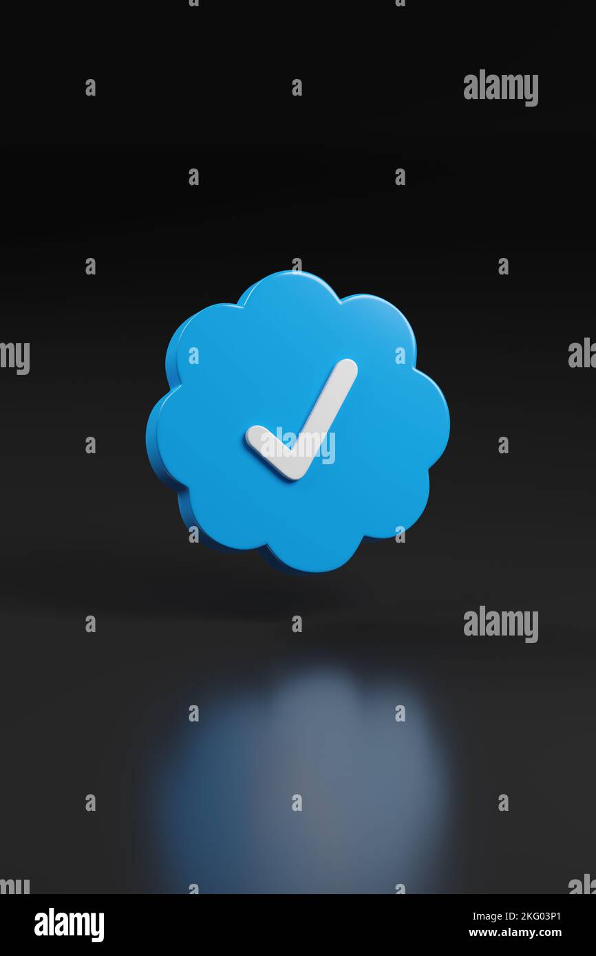 Buenos Aires, Argentina - Novembre 11th: Badge di verifica Twitter su sfondo scuro. Segno di spunta blu. illustrazione 3d. Foto Stock