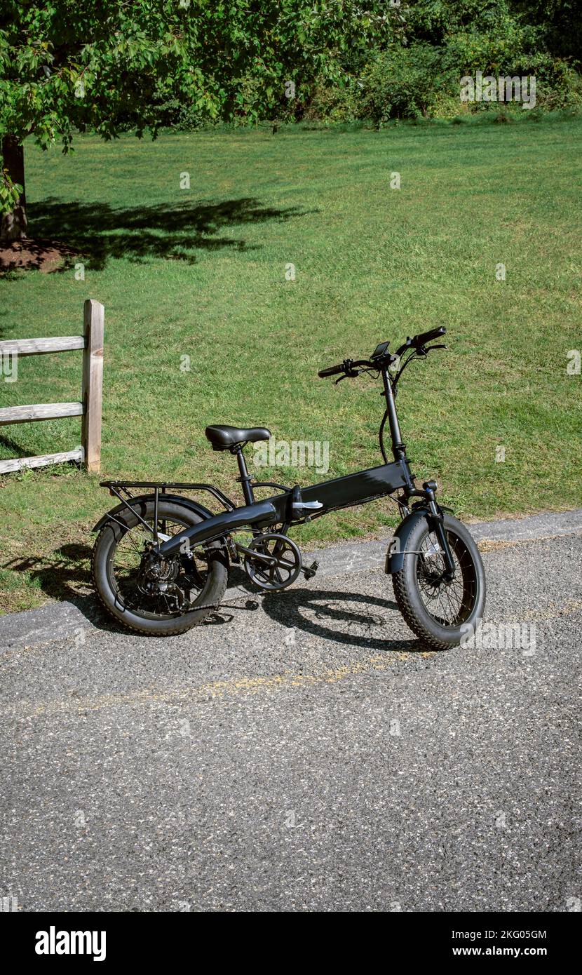 E-bike pieghevole con pneumatici FAT con sospensioni, alte velocità fluide, pacchetto passeggeri con pneumatici MUD, parafango e paraspruzzi, 7 marce, luce posteriore e anteriore e riflessione Foto Stock