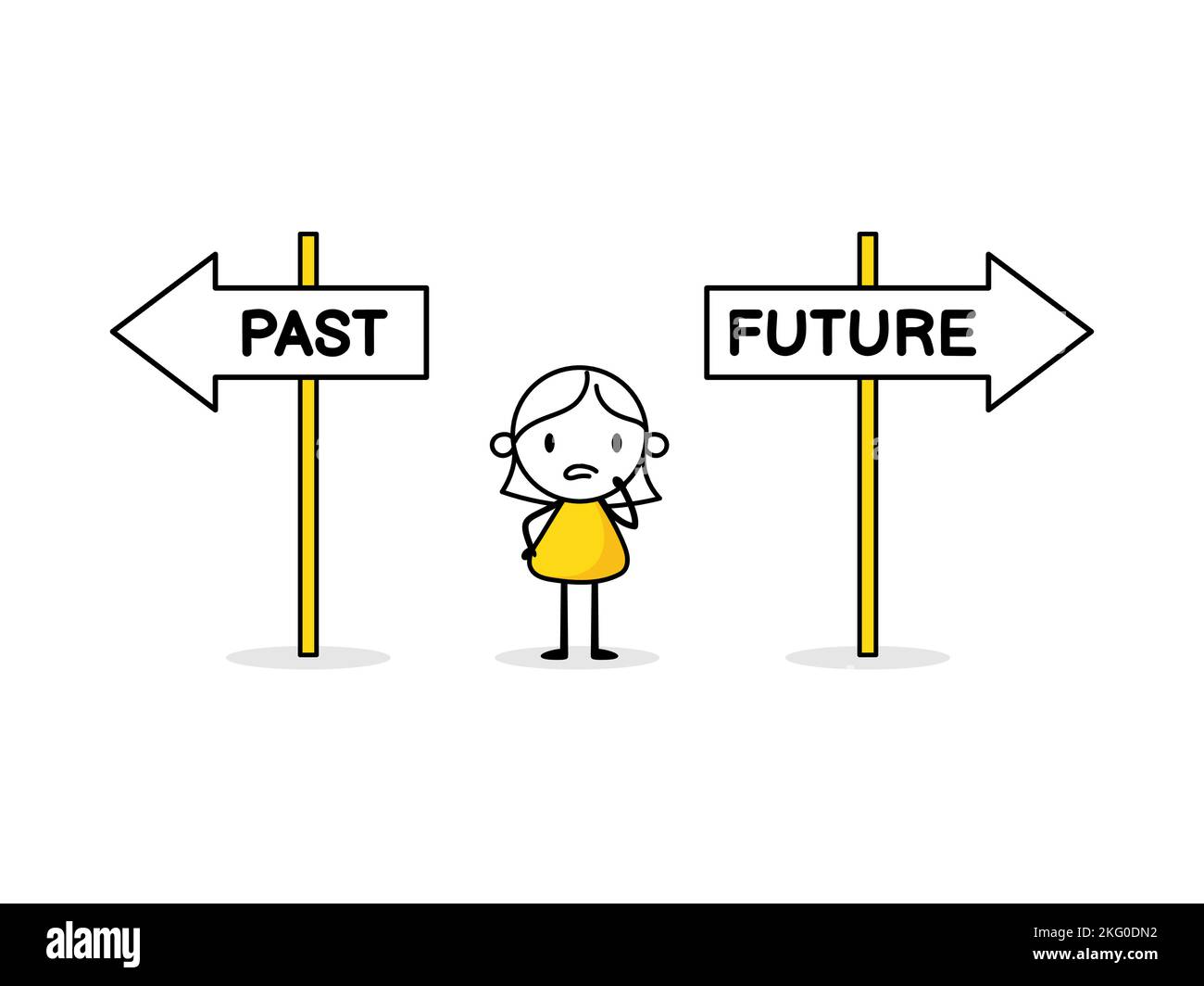 Donna che guarda il cartello stradale e decidere il modo giusto per il passato o il futuro. Processo decisionale aziendale, crocevia come scelta e futuro della strategia aziendale Illustrazione Vettoriale