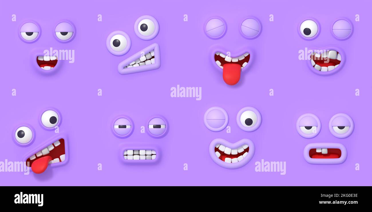 3d rendere il viso emoji, gli occhi e le bocche set. Simpatico simpatico simpatico personaggio diverse espressioni ed emozioni. Sorridi con i denti, sbirciando la lingua, ridendo, esausto, Illustrazione in stile plastico Foto Stock 3d rendere il viso emoji, gli occhi e le bocche set. Simpatico simpatico simpatico personaggio diverse espressioni ed emozioni. Sorridi con i denti, sbirciando la lingua, ridendo, esausto, Illustrazione in stile plastico Foto Stock