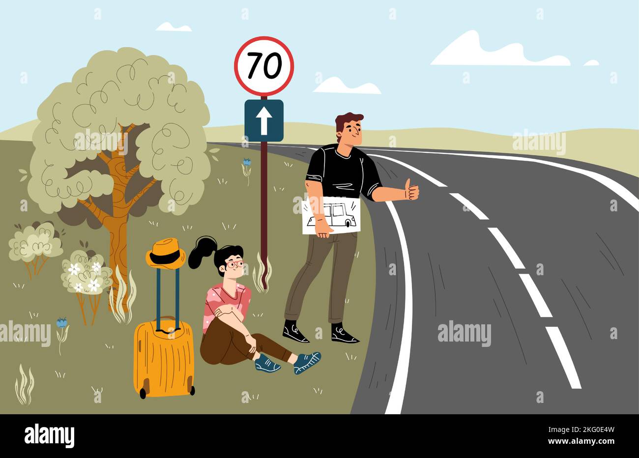 Turisti hitchhikers sulla strada dell'automobile. Coppia viaggio insieme e hitchhiking. Paesaggio estivo con autostrada e persone su strada con valigia, disegno vettoriale a mano Illustrazione Vettoriale