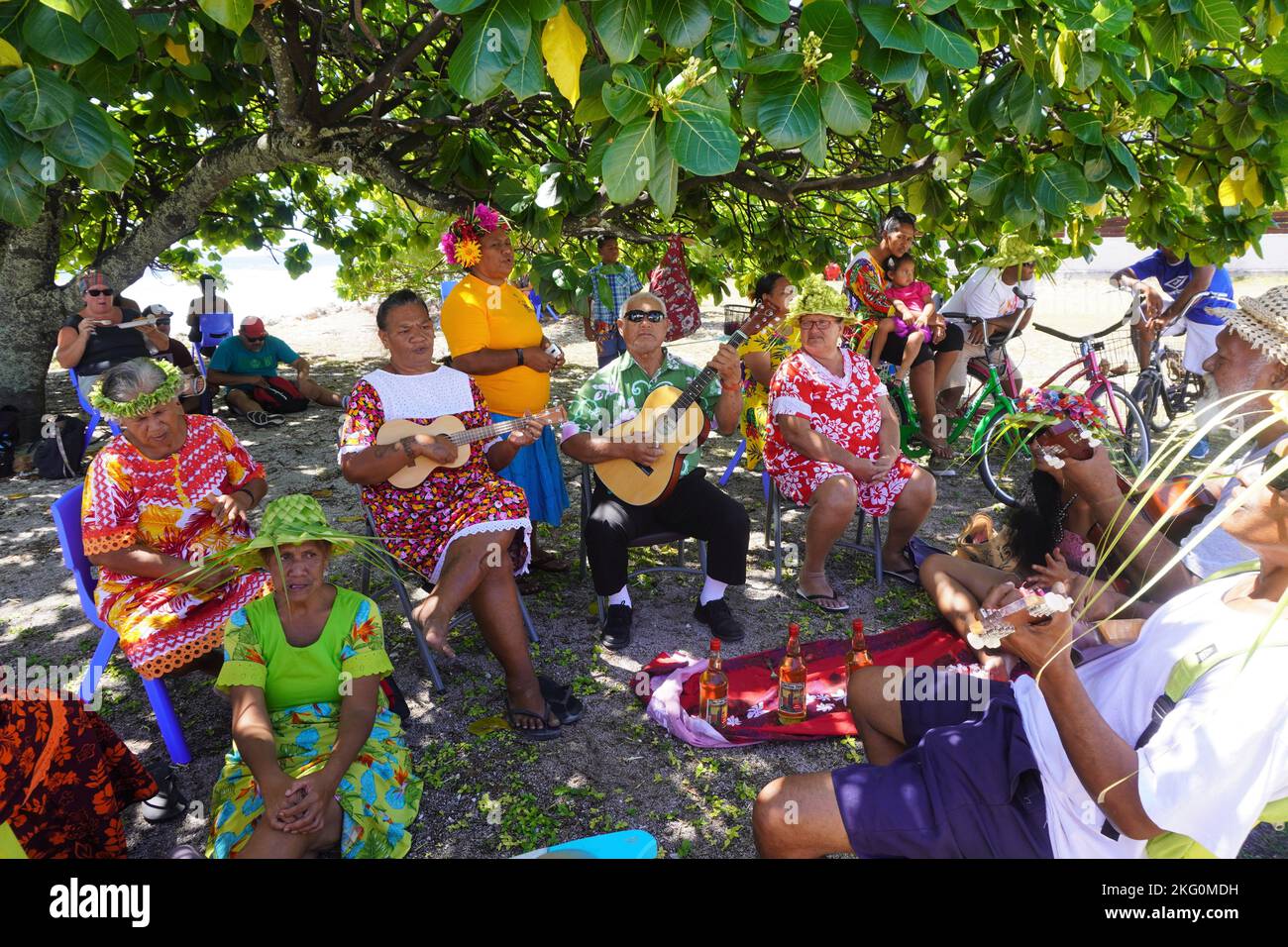 Intrattenimento musicale di isolani polinesiani sull'Atollo di Hikueru durante una visita da parte dei passeggeri della crociera Foto Stock