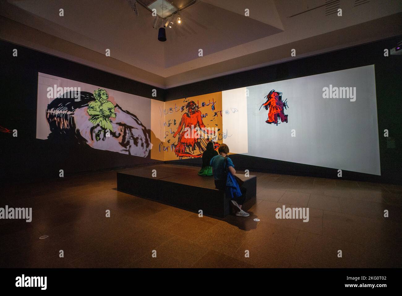 Adelaide, Australia. 21 novembre 2022. Una mostra alla galleria d’arte dell’Australia Meridionale di Nalini Malani (b Karachi 1946) che trae spunto dalla storia, dalla cultura e dalla sua esperienza diretta come rifugiato della partizione dell’India e dal retaggio del colonialismo e della de-colonizzazione, l’opera di Malani esplora la violenza, la E la politica dell'identityCredit: amer Ghazzal/Alamy Live News Foto Stock