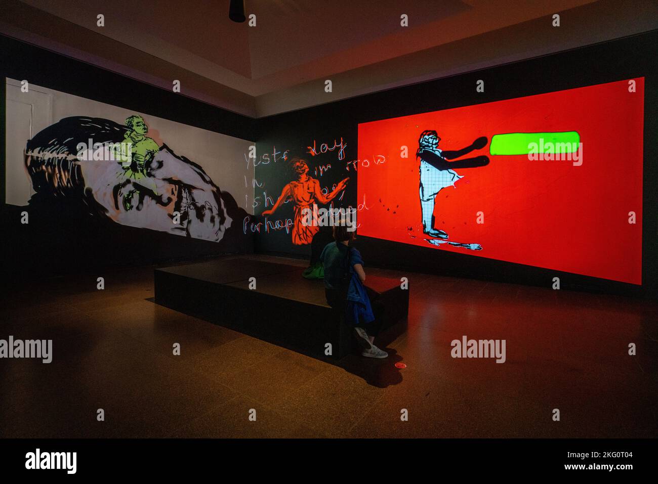 Adelaide, Australia. 21 novembre 2022. Una mostra alla galleria d’arte dell’Australia Meridionale di Nalini Malani (b Karachi 1946) che trae spunto dalla storia, dalla cultura e dalla sua esperienza diretta come rifugiato della partizione dell’India e dal retaggio del colonialismo e della de-colonizzazione, l’opera di Malani esplora la violenza, la E la politica dell'identityCredit: amer Ghazzal/Alamy Live News Foto Stock