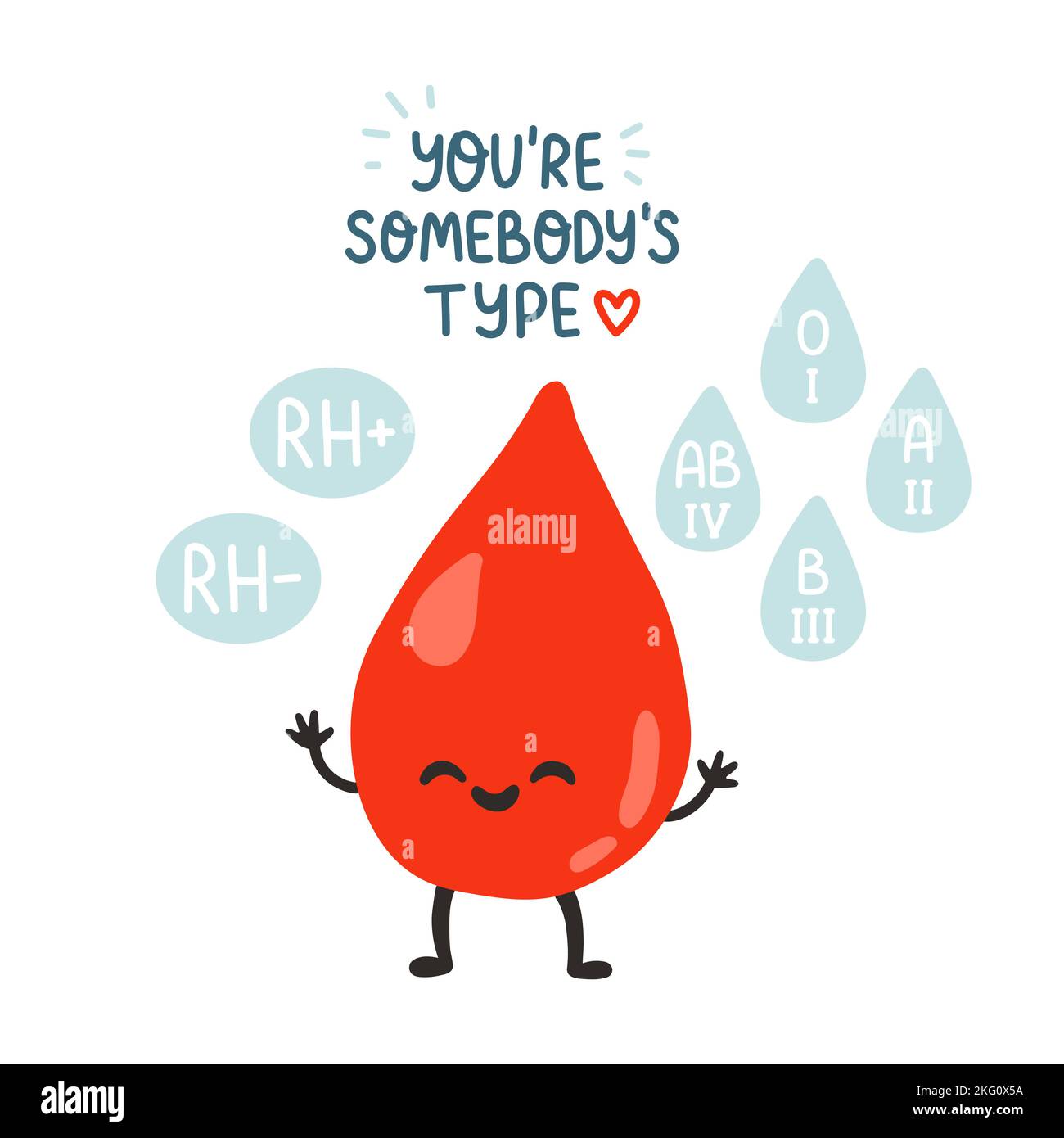 Donatore di sangue, carino goccia di sangue e scritte. Illustrazioni vettoriali disegnate a mano. Donare sangue, concetto di cura della salute Illustrazione Vettoriale