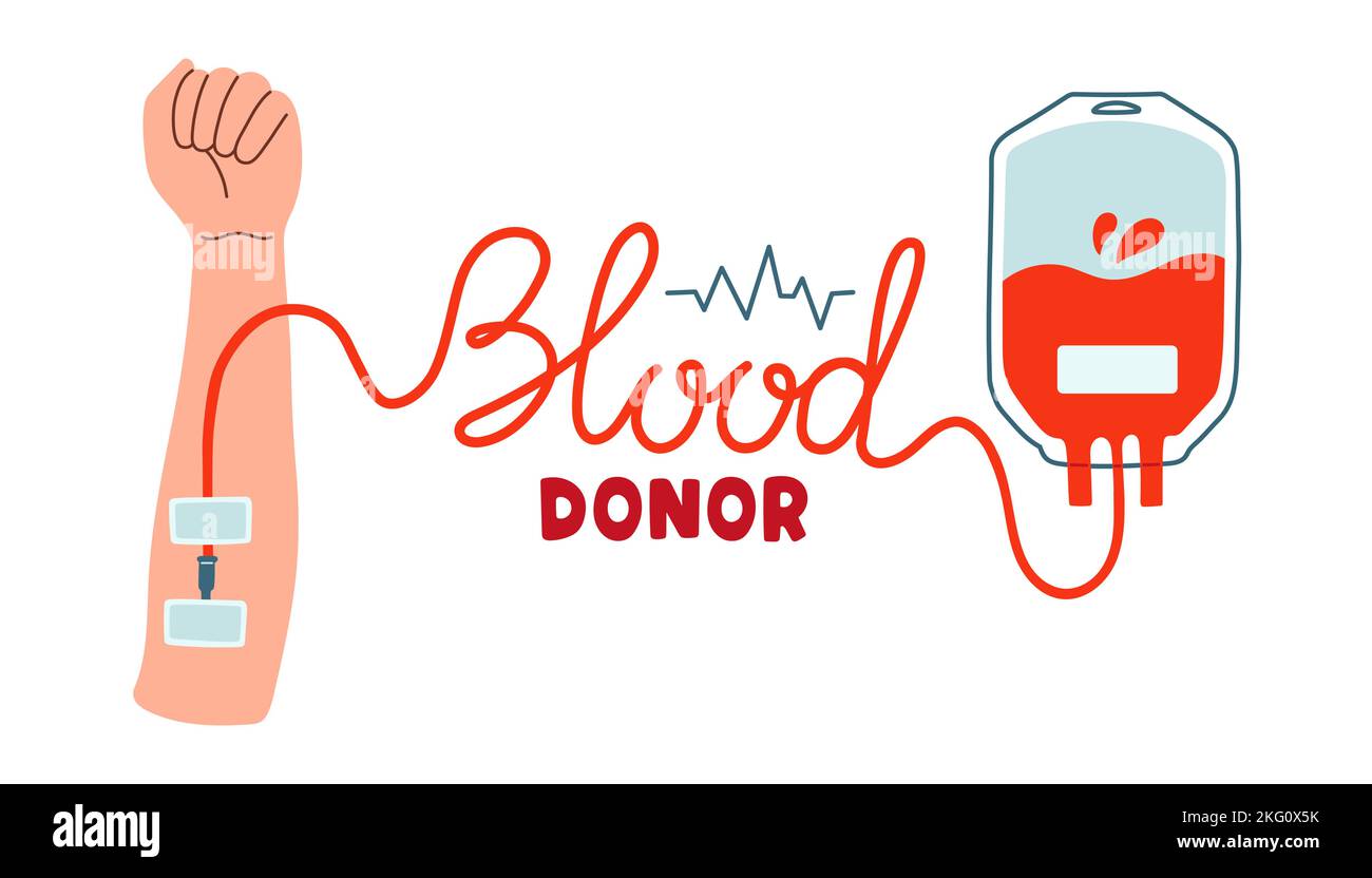 Donatore di sangue, sacca di sangue e mano. Illustrazioni vettoriali disegnate a mano. Donare sangue, vettore di concetto di cura della salute Illustrazione Vettoriale