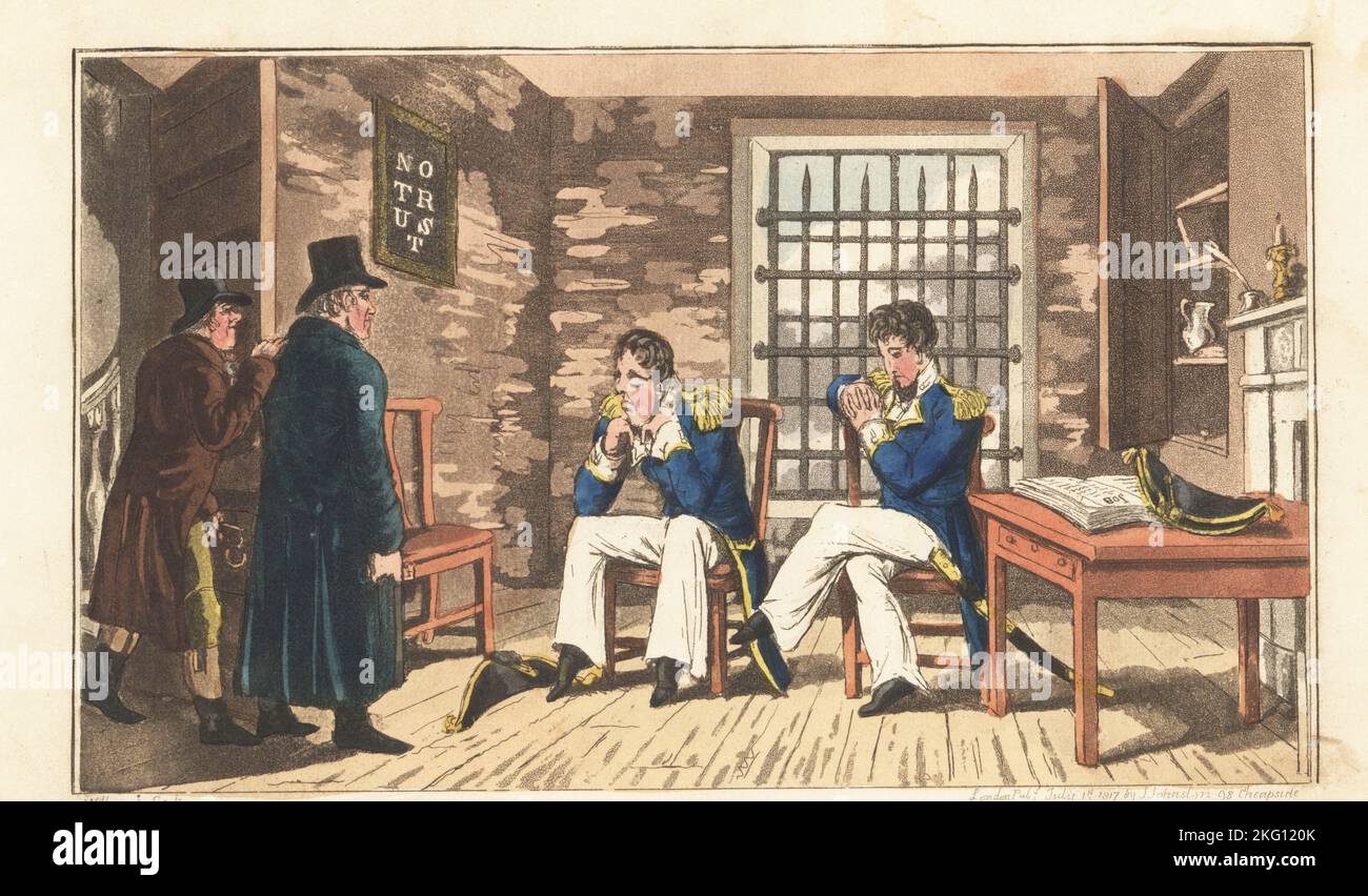 Due ufficiali navali inglesi della Regency si sono rinchiusi nella prigione di Plymouth sotto accusa d'assalto. I gaolers con le chiavi stanno alla porta di una stanza con le finestre barred. Un cartello sul muro indica CHE NON C'È FIDUCIA. Captain Bowsprit e Captain Bomb accettano il loro destino. Incisione in copperplate a mano di Charles Williams del Post Captain, o avventure di un vero tar britannico di un ufficiale navale, J. Johnston, Londra, 1817. Attribuito ad Alfred Thornton o John Mitford. Foto Stock