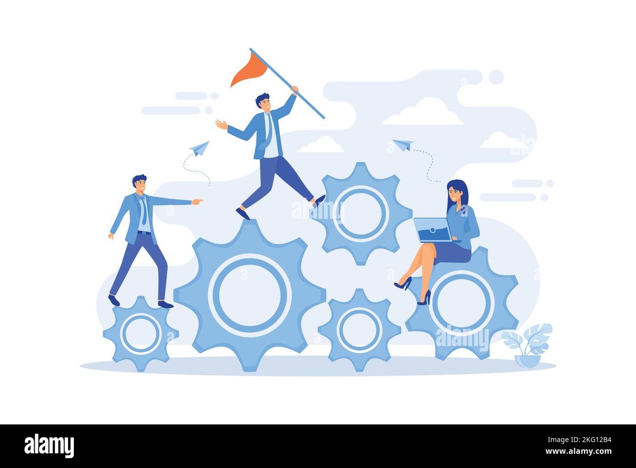 Illustrazione del vettore piatto di leadership. Sviluppo personale, promozione del lavoro, concetto di crescita della carriera. Capo ufficio con bandiera rossa e cartoon in esecuzione ch Illustrazione Vettoriale