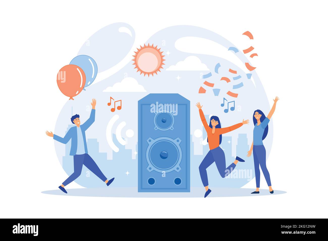 Giovani piccoli che ascoltano musica e ballano nel parco cittadino durante la festa estiva. Festa all'aperto, evento all'aperto, evento di danza all'aperto. flat vecto Illustrazione Vettoriale