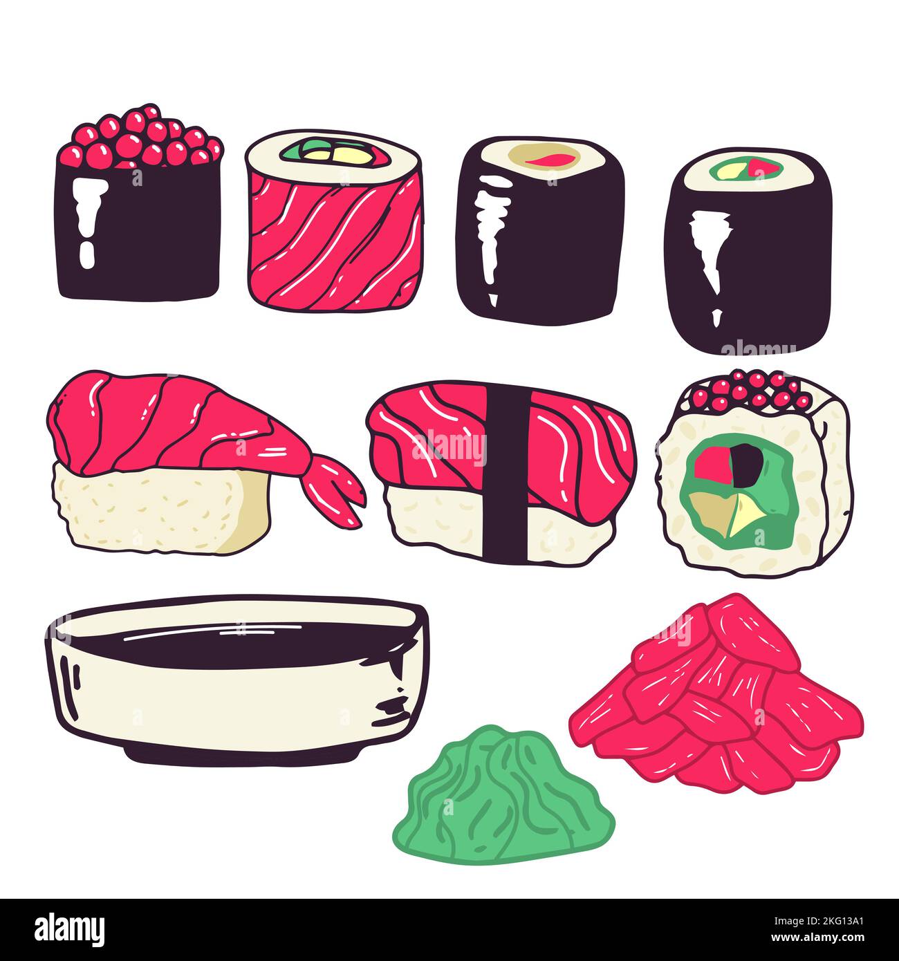Sushi impostato su bianco. Isolato su bianco. Cartone vettore oggetto salsa di soia piatto di zenzero sottaceto wasabi per sushi. Illustrazione Vettoriale