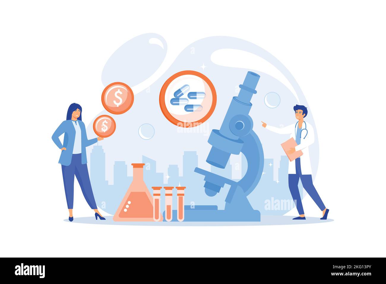 Piccole persone scienziati in laboratorio producono farmaci farmaceutici. Attività farmacologica, industria farmaceutica, concetto di servizio farmacologico. fl Illustrazione Vettoriale